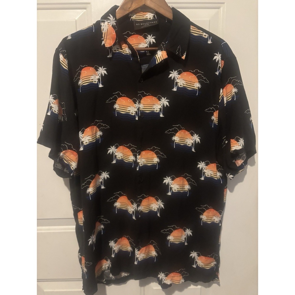 No Boundaries Hawaiian Shirt Men's Black‎ Sunset Large Short Sleeve Button